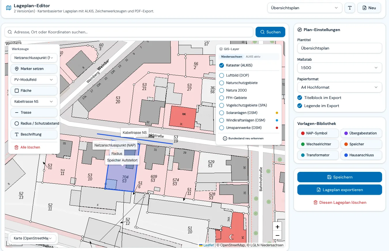 NetzDirekt Lageplan-Editor – kartenbasierter Lageplan mit ALKIS und Zeichenwerkzeugen